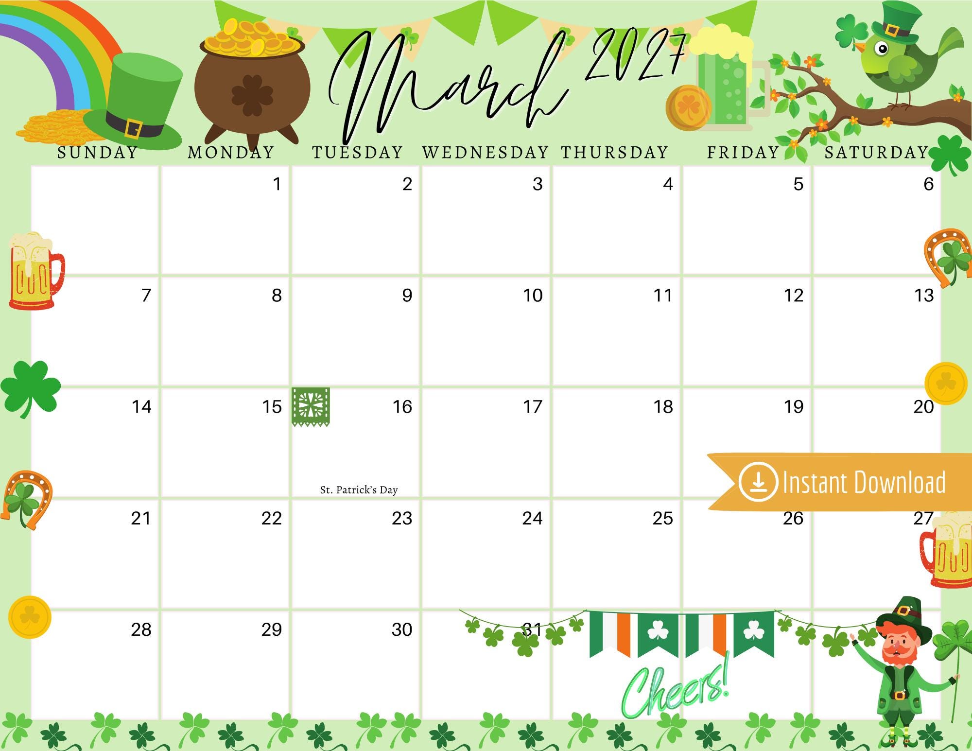 March 2027 St. Patrick's Day Calendar: Editable Printable (PDF, PNG, JPG) -  Etsy