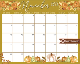 November 2026 Calendar: Yellow Leaves Printable Planner (PDF, PNG, JPG Download)