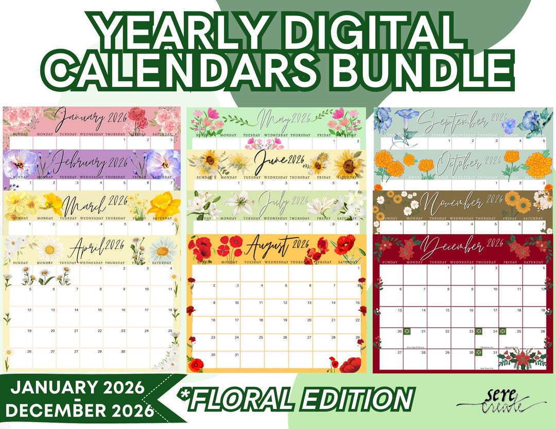 2026 Floral Digital Calendar Bundle: Monthly Planner (PDF, PNG, JPG ...