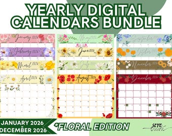 2026 Floral Digital Calendar Bundle: Monthly Planner (PDF, PNG, JPG Download)