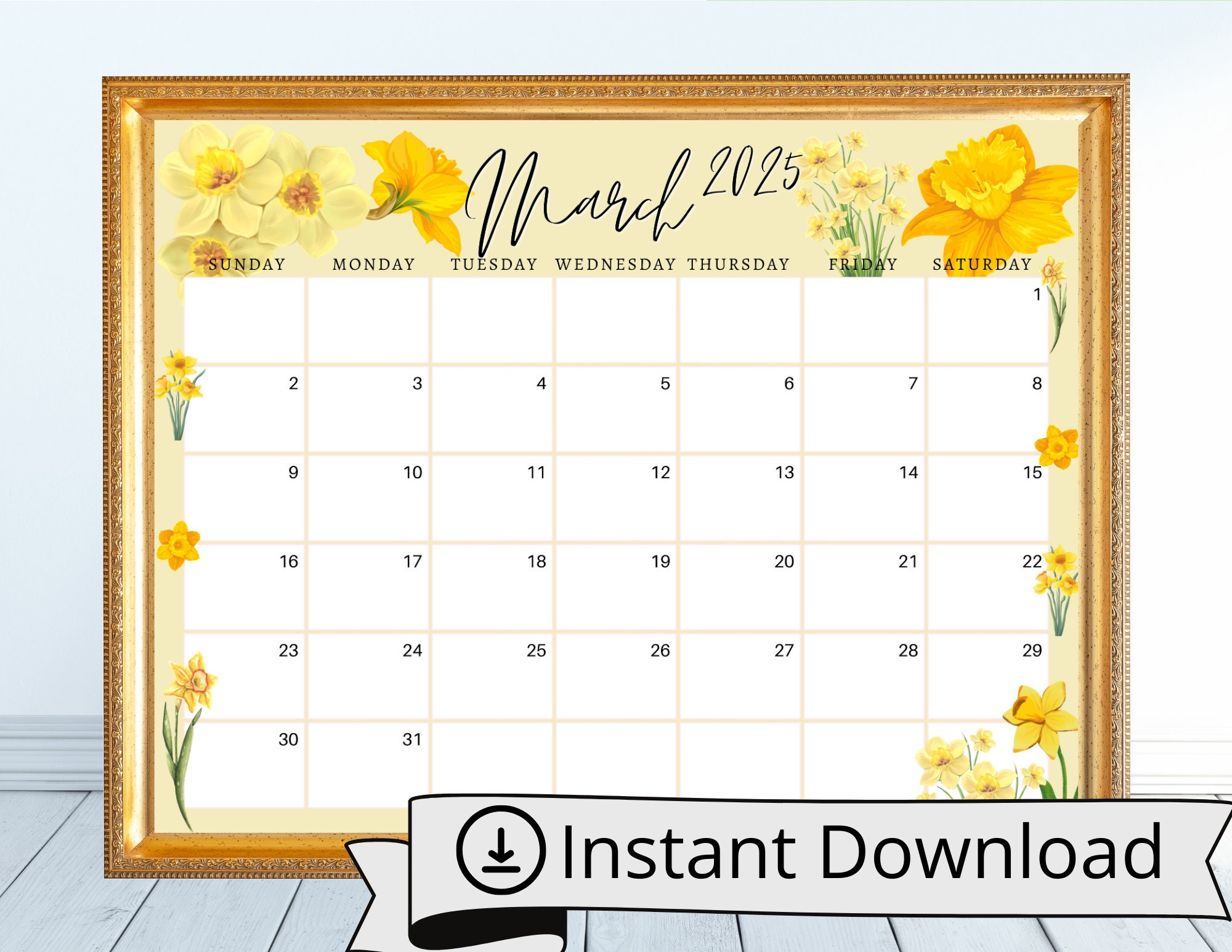 March 2025 Digital Calendar - Yellow Daffodils Planner Editable