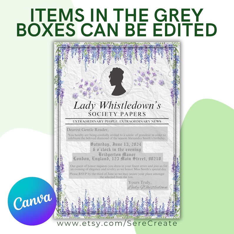 Bridgerton Lady Whistledown Society Papers Invitation Instant, Editable Bridgerton Lady Whistledown Society Papers Invitation Instant, Editable