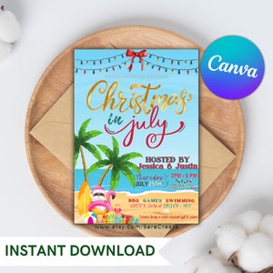 Christmas in July Invitation: Winter Pool Party, Editable Canva (Digital)