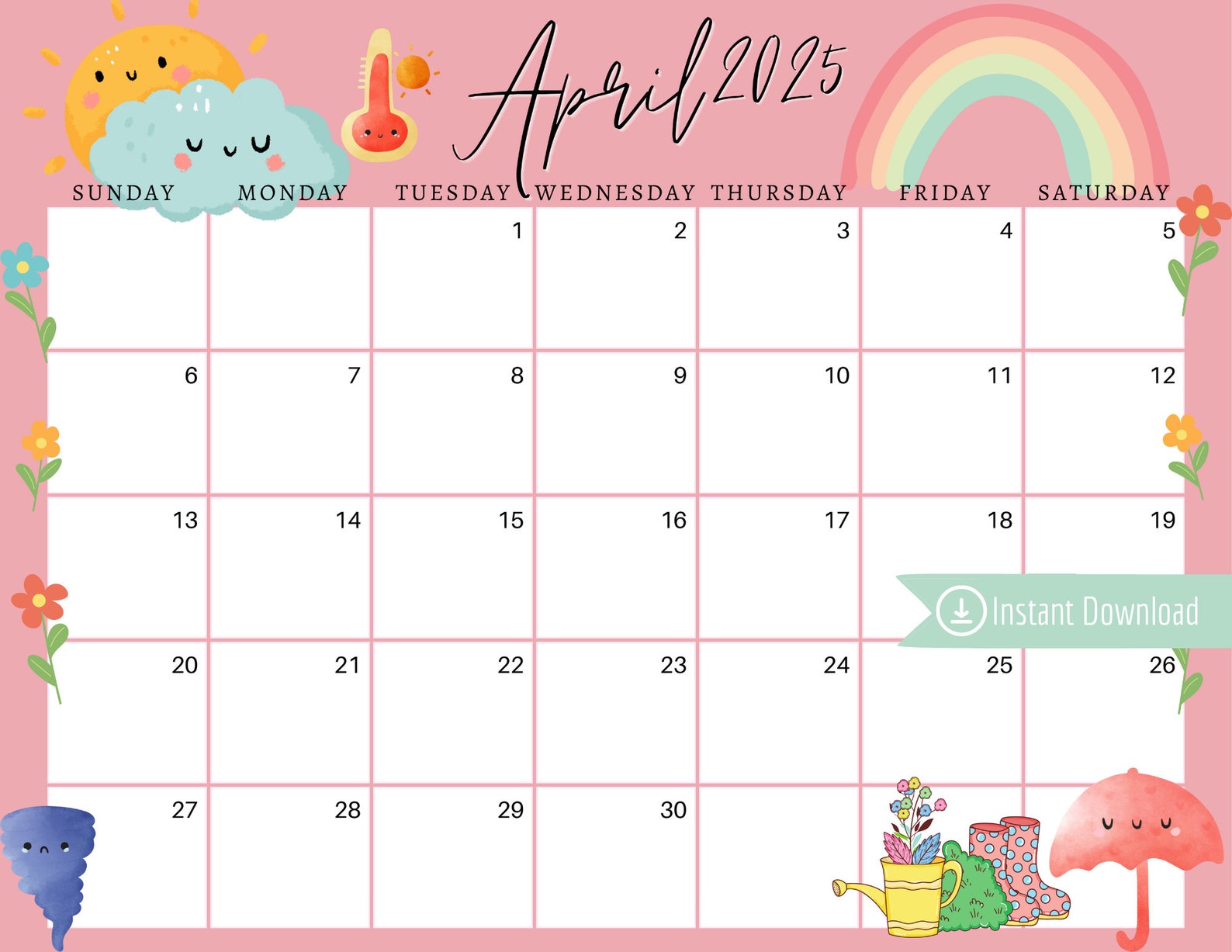 April 2025 digital calendar light pink april showers editable