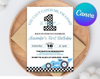 First Birthday Racing Car Invitation: Editable Canva Template (Digital Download)