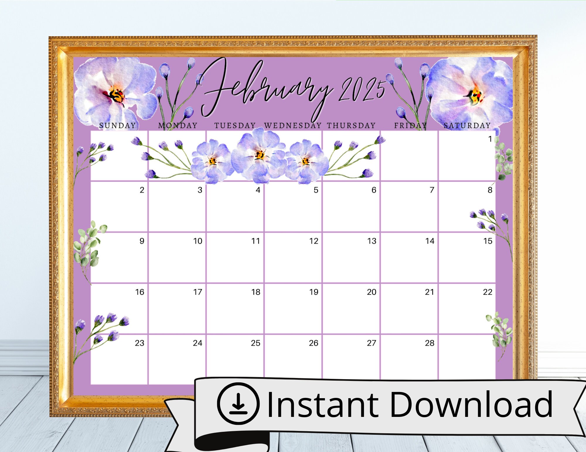 February 2025 Digital Calendar Violets Flowers Planner Editable