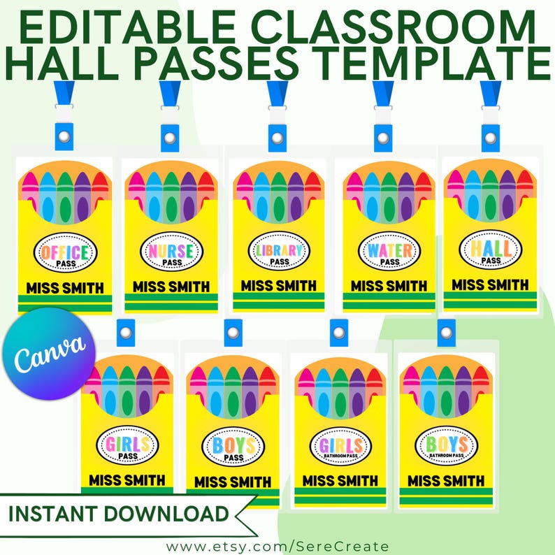 9 Crayon Box Classroom Hall Passes Lanyard Template - DIY Personalized ...