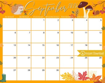 September 2026 Calendar: Yellow Harvest Leaves Planner (PDF, PNG, JPG Download)
