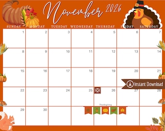 November 2026 Thanksgiving Planner: Editable Printable Calendar (PDF, PNG, JPG)