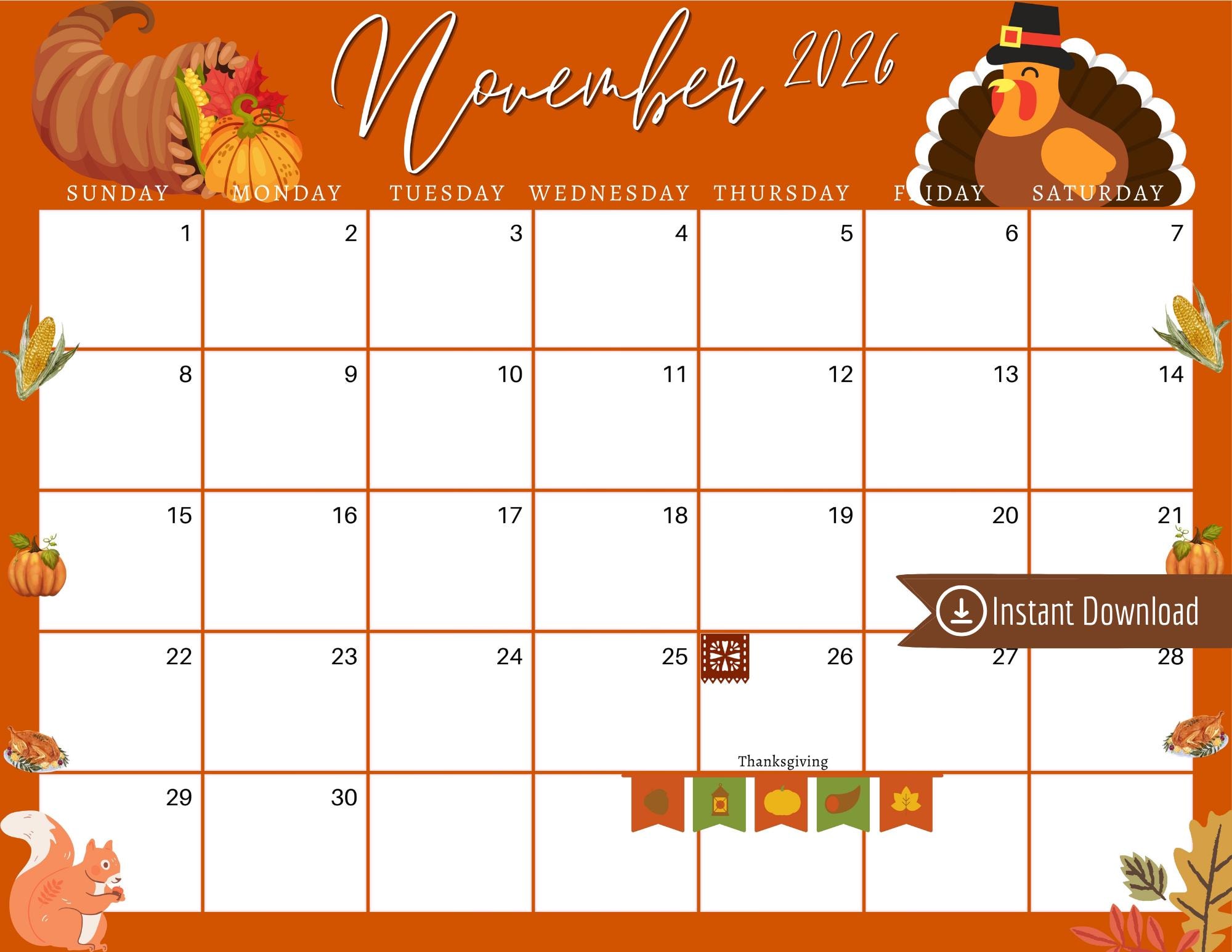 November 2026 Thanksgiving Planner: Editable Printable Calendar ...