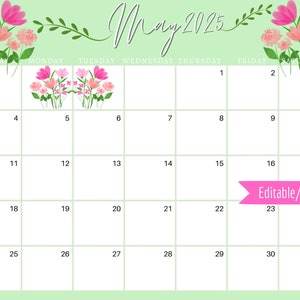 May 2025 Digital Calendar - Green and Pink May Flowers Planner Editable ...