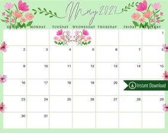 May 2027 Floral Calendar: Green & Pink Flowers, Printable Planner (PDF, PNG, JPG)