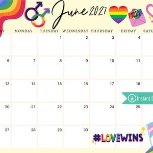 Può includere: Una pagina di calendario per giugno 2027 con sfondo color crema, caratterizzata da un bordo a onde arcobaleno, simboli di genere, un cuore e un'icona a busta con l'etichetta Not A Phase. La griglia include giorni, date, un banner Instant Download e #LOVEWINS.