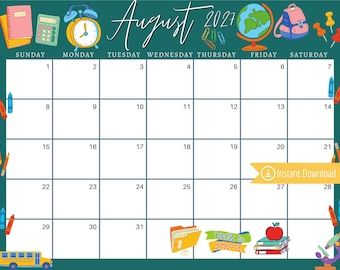 August 2027 Calendar: Teal Back To School Planner (PDF, PNG, JPG Download)