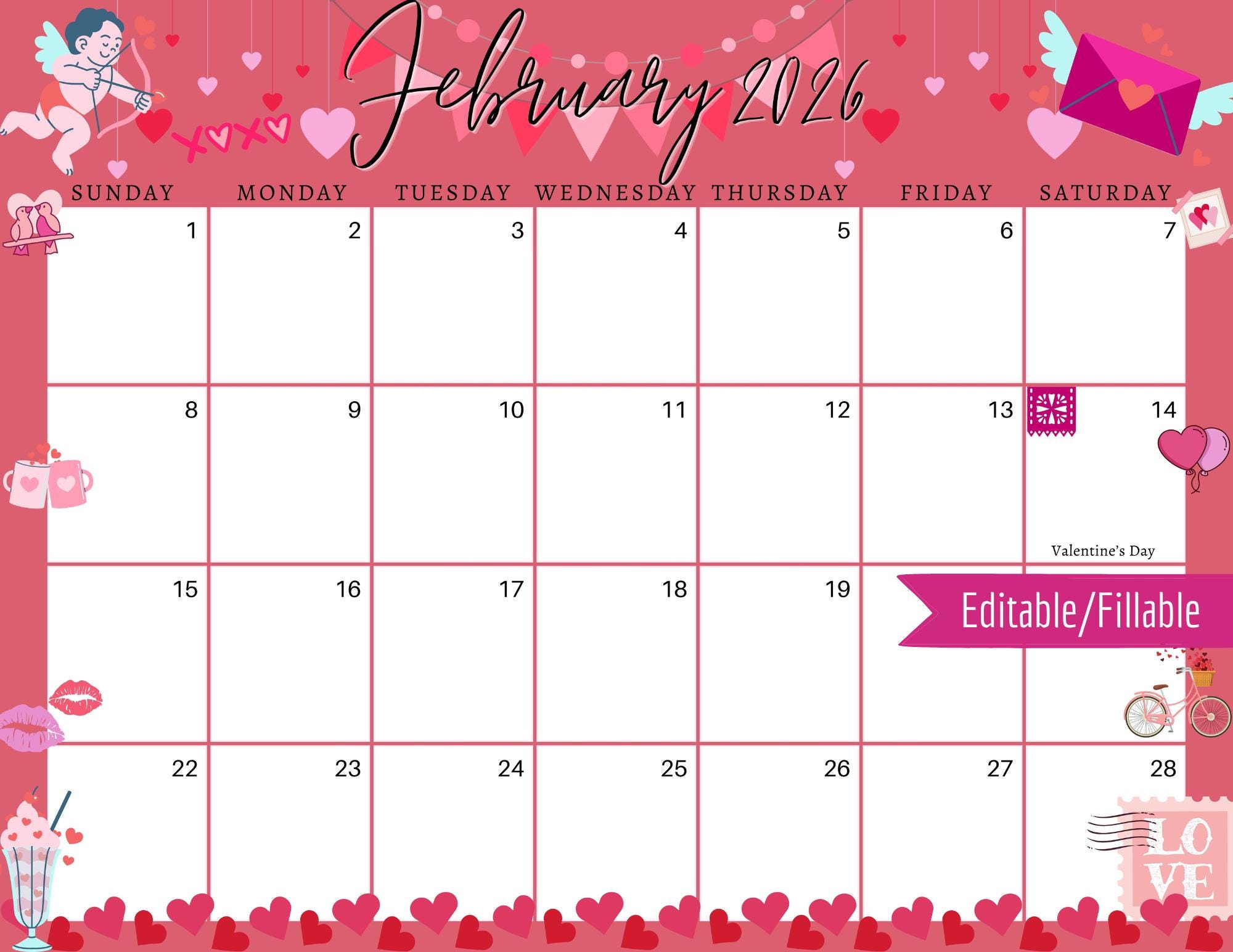2026 年 2 月のデジタル カレンダー - 赤いバレンタインデー プランナー、編集可能、記入可能、印刷可能なカレンダー、計画用 -  PDF、PNG、JPG のダウンロード - Etsy 日本