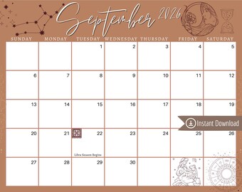 September 2026 Digital Calendar: Tan Virgo Astrology Planner (PDF, PNG, JPG Download)