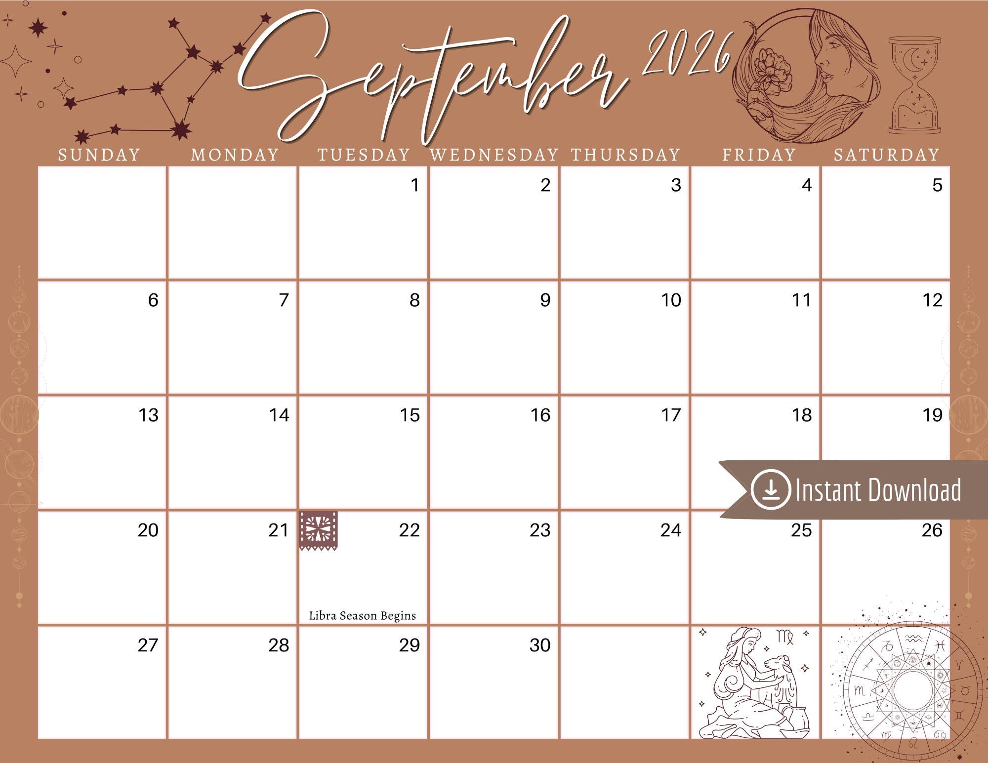 September 2026 Digital Calendar: Tan Virgo Astrology Planner (PDF ...