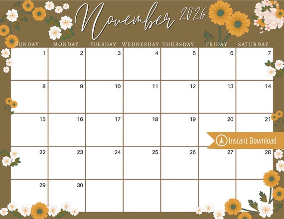 November 2026 Floral Calendar: Editable Printable Planner ...
