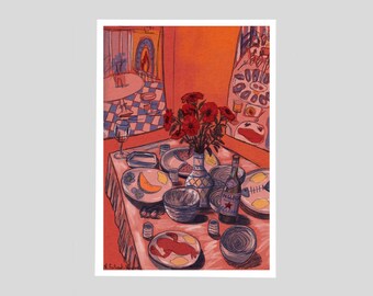 May include: An illustration of a dining table set for a meal. A vase of red flowers sits in the center, surrounded by plates of food, bowls, and glasses. A bottle of Pellegrino water is on the table. The room is painted in warm tones.