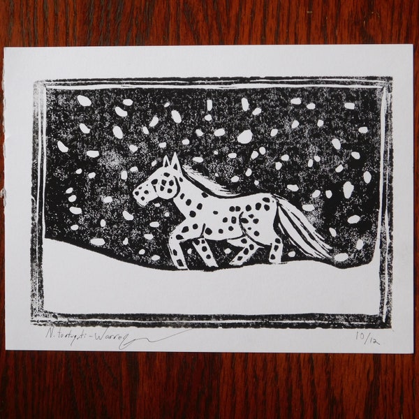 Snow pony - Original artwork - Block print - Mini print 6 x 8 inches