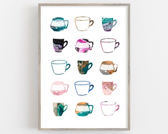 Könnte beinhalten: Ein digitaler Kunstdruck mit einem Raster aus 15 bunten Bechern mit abstrakten Mustern. Die Becher sind in einem Raster aus 5 Reihen und 3 Spalten angeordnet. Die Becher sind alle in verschiedenen Farben und Mustern gehalten, darunter rosa, blau, grün und braun.