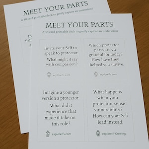 May include: A set of 30 cards with prompts for self-reflection and exploration of different parts of the self. The cards are white with black text and feature a small lantern icon in the bottom right corner. The text on the cards includes phrases like "Invite your Self to speak to protector" and "What happens when your protectors sense vulnerability?"