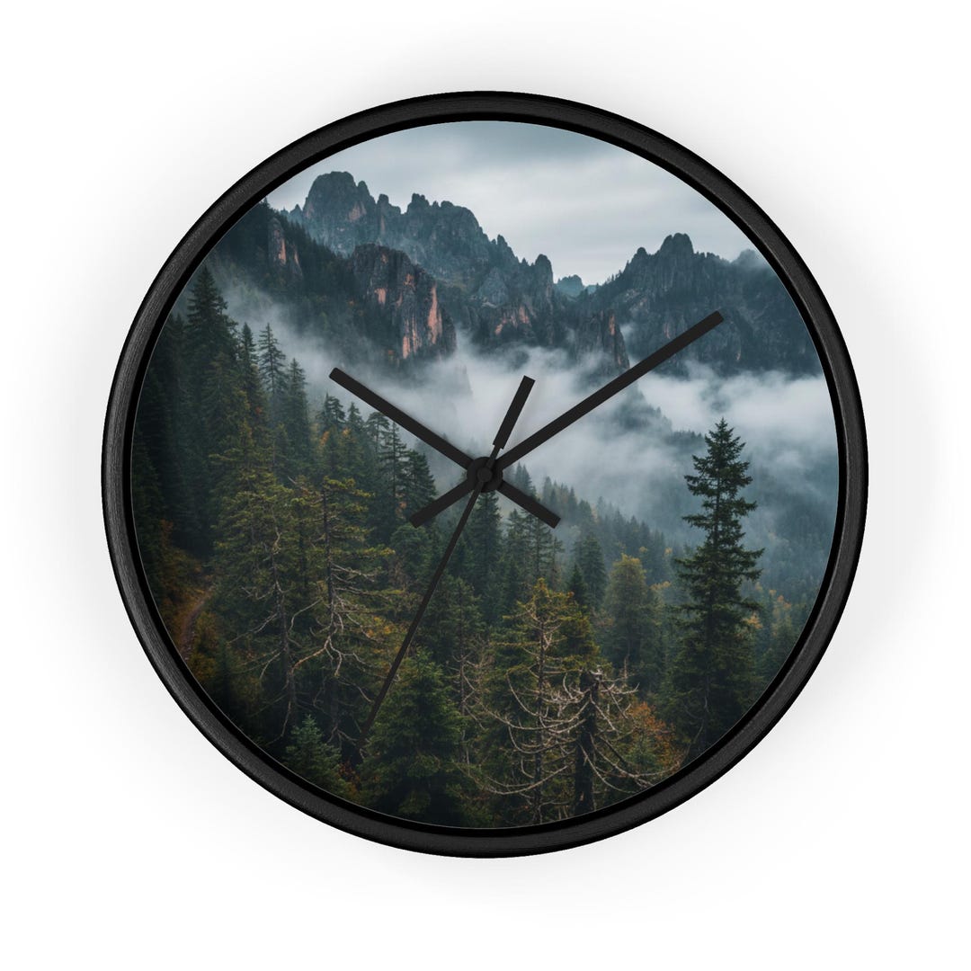 Misty Mountain Forest Wall Clock | Foggy Pine Trees, Nature Decor - Etsy