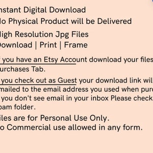 K&ouml;nnte beinhalten: Ein Textbild mit Anweisungen zum Herunterladen digitaler Dateien, die auf Etsy gekauft wurden. Der Text besagt, dass die Dateien nur f&uuml;r den pers&ouml;nlichen Gebrauch bestimmt sind und keine kommerzielle Nutzung gestattet ist.