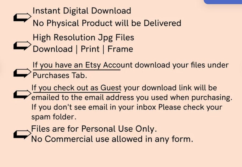 K&ouml;nnte beinhalten: Ein Textbild mit Anweisungen zum Herunterladen digitaler Dateien, die auf Etsy gekauft wurden. Der Text besagt, dass die Dateien nur f&uuml;r den pers&ouml;nlichen Gebrauch bestimmt sind und keine kommerzielle Nutzung gestattet ist.