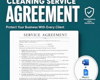 Plantilla de contrato de servicio de limpieza / Contrato de limpieza del hogar / Contrato de servicio de empleada doméstica / Documentos editables de Word y Google Docs
