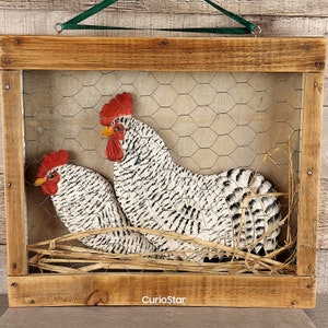 Framed Shadow Box Wall Art Rooster Chicken Wire Thick Frame 8 X 8