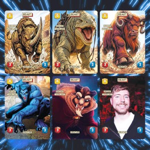 May include: A set of six rectangular trading cards featuring illustrations of various creatures labeled as Beast, Ground Token Unit, with stats including a zero, three, and three. The cards display a rhinoceros, a lizard, a ram, a blue figure, a beast, and a man.