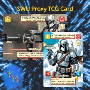 May include: Two rectangular trading cards titled The Mandalorian, featuring a character in silver armor and a helmet. The cards display game statistics, icons, and text including We Can't Keep Running, Ground Leader Unit, and On Attack: If you have the initiative, you may draw a card.