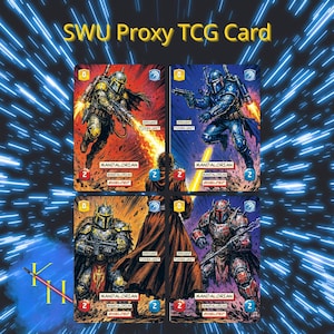 Op de afbeelding: Vier rechthoekige SWU Proxy TCG-kaarten met geïllustreerde gepantserde personages in gevechtshoudingen. Elke kaart toont de tekst Mandalorian, Ground Token Unit en Shielded, met numerieke waarden in de hoeken tegen een donkere achtergrond.