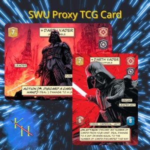 May include: Two rectangular trading cards featuring Darth Vader with a red background and black armor. The cards display game statistics, text including 'Darth Vader', 'Leader', 'Ground Leader Unit', and 'Force Imperial Sith', and icons for gameplay.