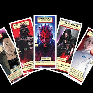 Könnte beinhalten: Fünf Star Wars Charakterkarten mit Darth Vader, Darth Maul, Darth Revan, Dedra Meero und DJ. Jede Karte hat Charakterkunst, Text und einen rot-weißen Rand. Die Karten sind auf einem schwarzen Hintergrund angeordnet.