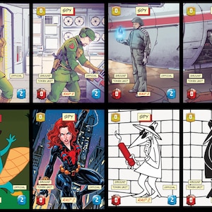 May include: Set of eight trading cards featuring illustrations of spies and military personnel. The cards include images of soldiers, a cartoon platypus, a female superhero, and two versions of a cartoon spy character.