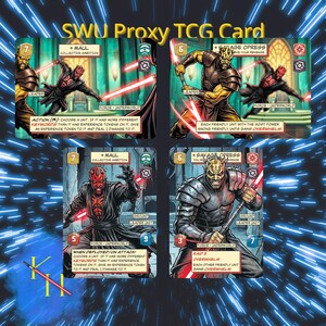 Può includere: Quattro carte TCG proxy SWU con illustrazioni di Maul e Savage Opress. Le carte mostrano i nomi dei personaggi, le statistiche di potere e salute, il testo delle abilità e le icone delle fazioni. Le illustrazioni mostrano i personaggi in pose di combattimento.