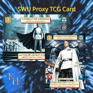 May include: Two rectangular trading cards titled SWU Proxy TCG Card featuring Director Krennic in a white uniform and black cape. The cards display game statistics, text, and illustrations of stormtroopers against a blue light-streaked background.