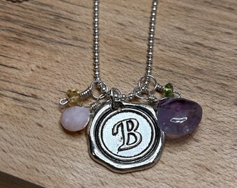 Birthstone Initial Charm Necklace Gemstone Wax Seal Personalized Gift for Women