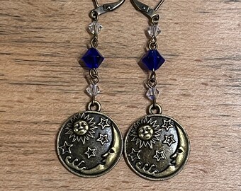 Sun Moon and Stars Celestial Blue Crystal Earrings Antiqued Brass