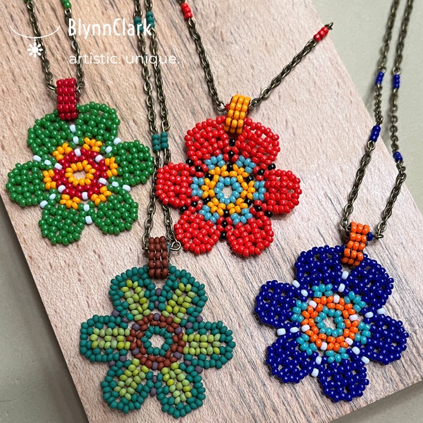 Huichol Beaded Flower Colorful Seed Bead Pendant Necklace