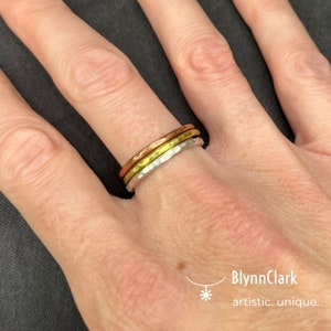 Delicate Silver Brass Copper Mixed Metal Trio Tiny Hammered Stacking Rings