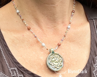 One-of-a-Kind Om Mandala Beaded Necklace: Unique Ceramic Pendant on a handmade beaded chain
