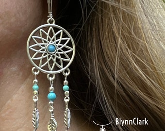 Dreamcatcher Silver Plated Earrings with Imitation Turquoise and Dangling Feathers