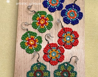 Huichol Beaded Flower Colorful Seed Bead Dangle Earrings