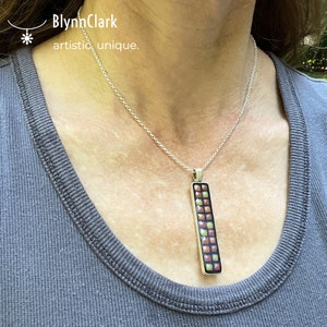 Handmade Mosaic Glass Tile Pendant Necklace - Boho Long Rectangle