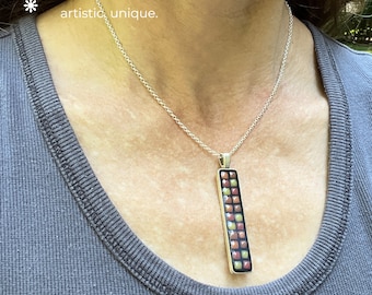 Mosaic Long Rectangular Boho Pendant Necklace - Colorful Glass Tile in Bezel of Various Metal Colors with Matching Custom Length Rolo Chain