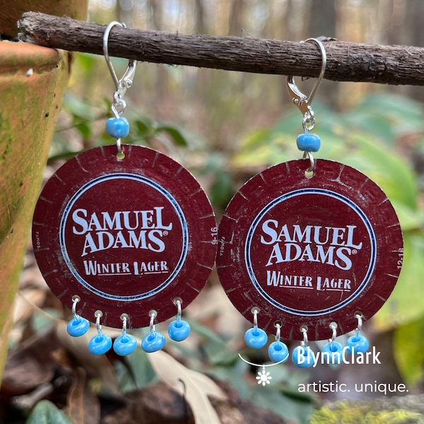 Recycled Beer Bottle Cap Earrings Sam Adams Dark Red Light Blue Tsingtao Upcycled Sustainable Jewelry Ethical Boho Hippie Bohemian Gift Yoga