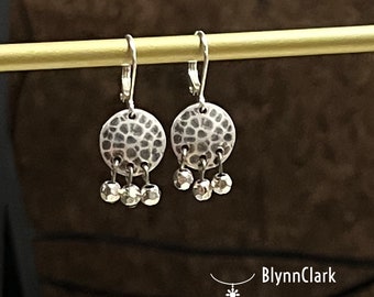 Delicate Drop Silver Plated Boho Earrings Hammered Domed Disc with Three Faceted bead Dangles with Silver Plated Brass Lever back Ear wires